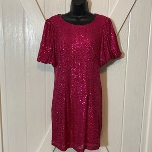 NWT Womens Ellen Weaver Hot Pink Sequin Stretchy Short Sleeve Dress M